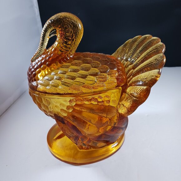 LE SMITH GLASS Amber 2 Piece Turkey Lid and Base Candy Dish - Picture 1 of 15